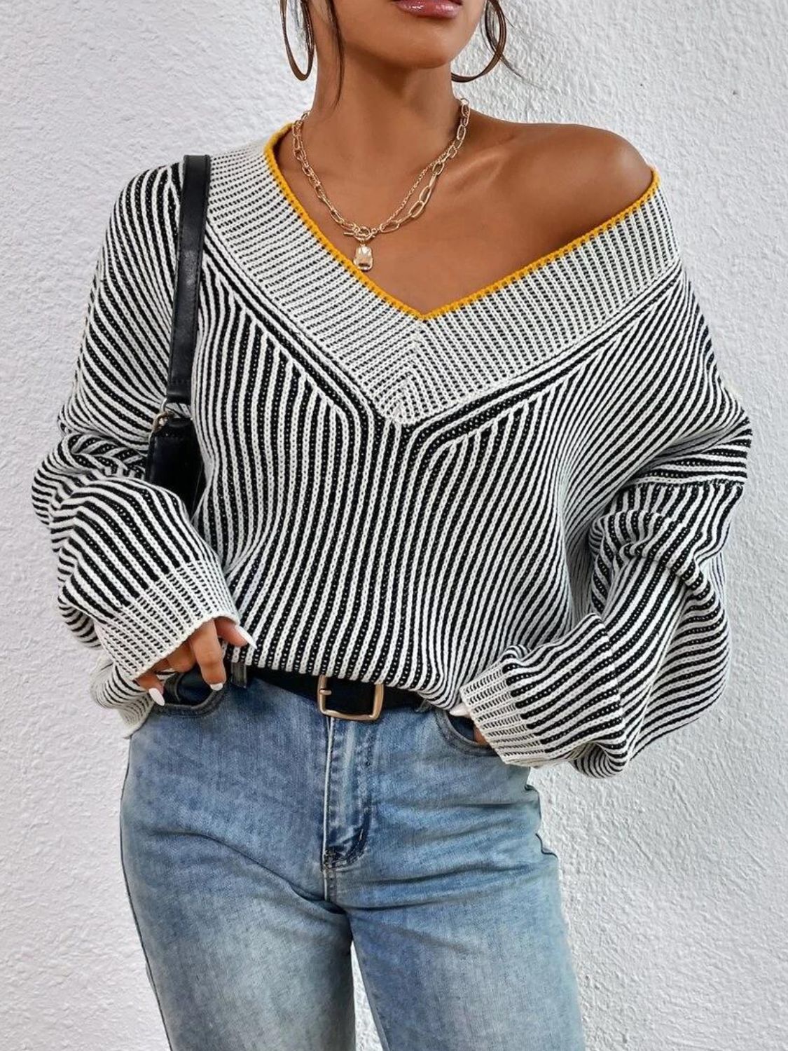 Striped V-Neck Long Sleeve Sweater Trendsi