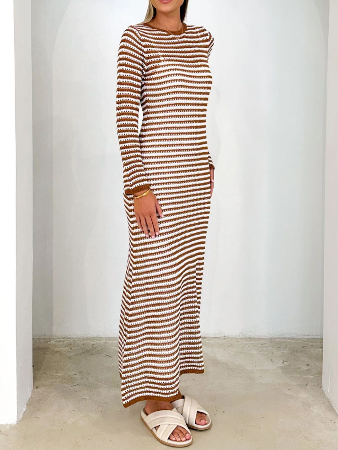 Devine Tied Round Neck Striped Sweater Dress Trendsi