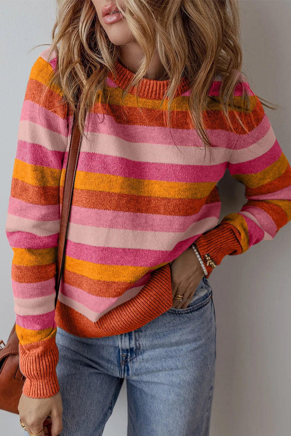 Striped Round Neck Long Sleeve Sweater Trendsi