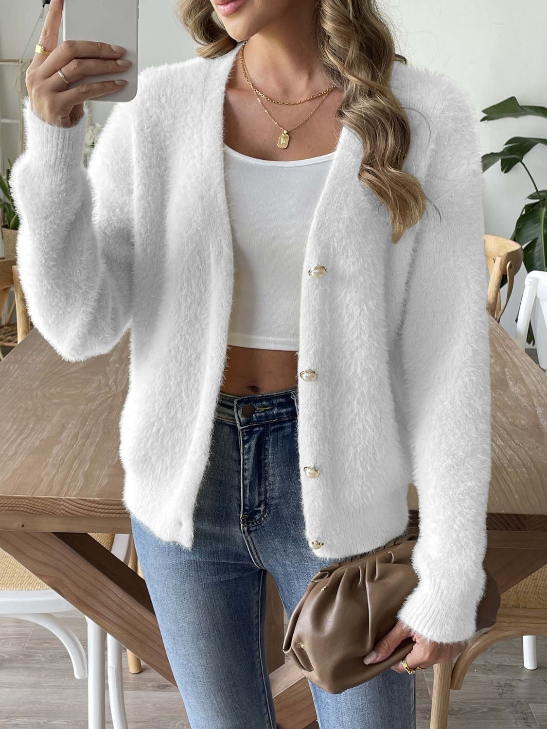 Button Up V-Neck Long Sleeve Cardigan Trendsi