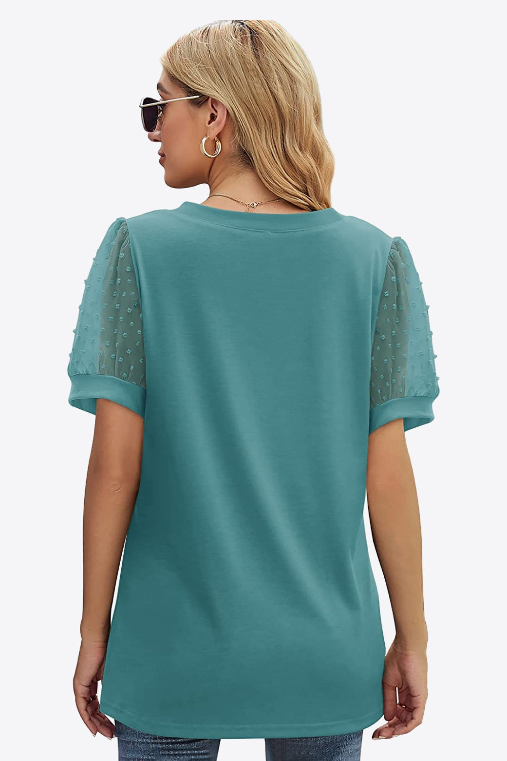 Swiss Dot Puff Sleeve V-Neck Tee Trendsi