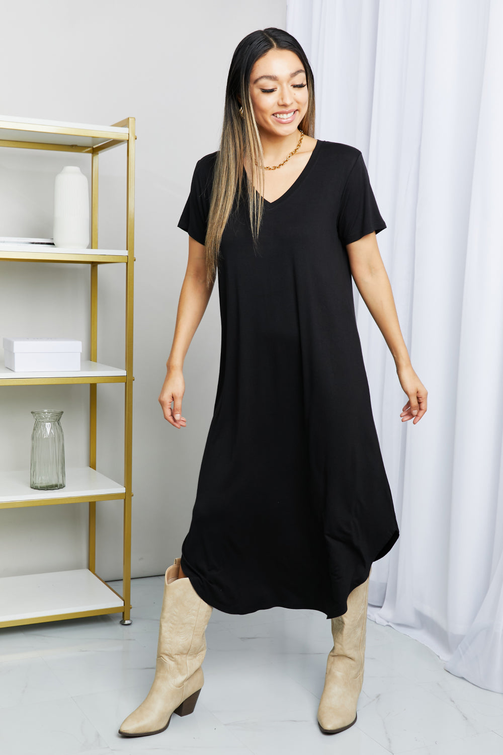 HYFVE V-Neck Short Sleeve Curved Hem Dress in Black Trendsi