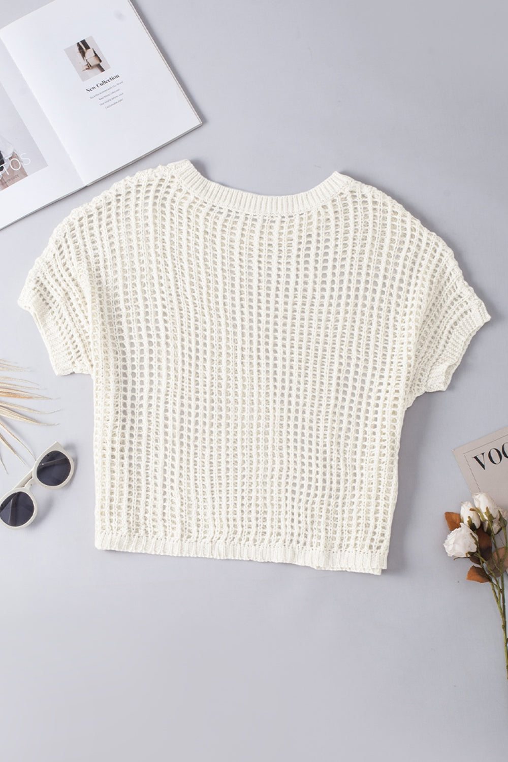 Openwork Round Neck Half Sleeve Knit Cover Up Trendsi