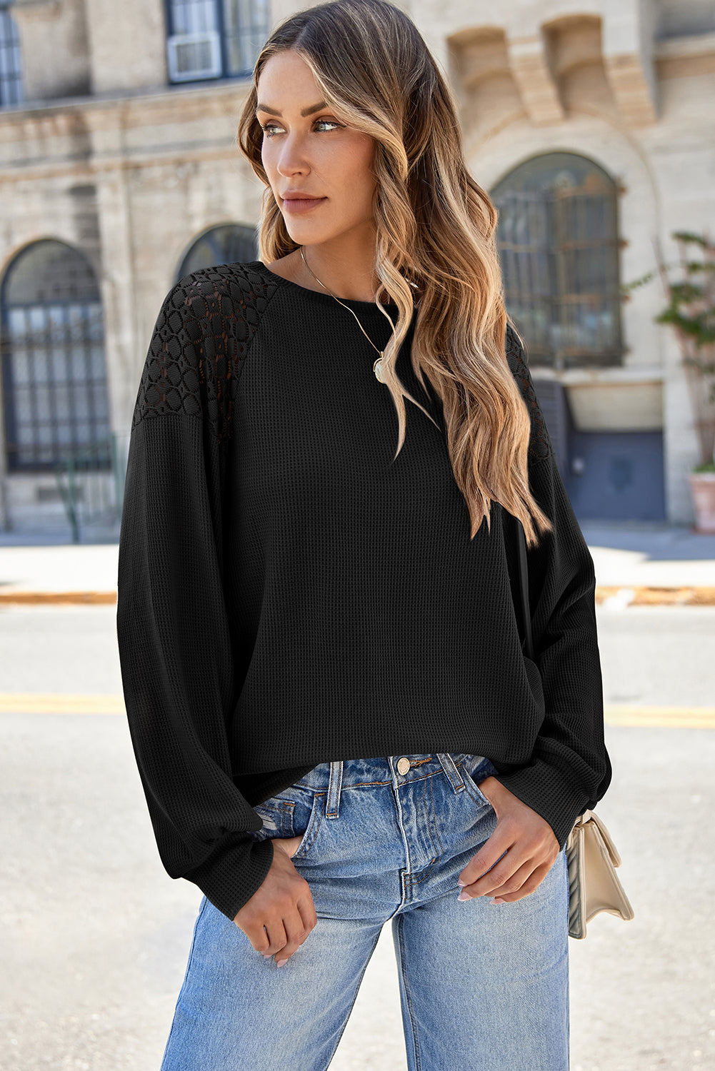 Lace Detail Round Neck Lantern Sleeve Top Trendsi