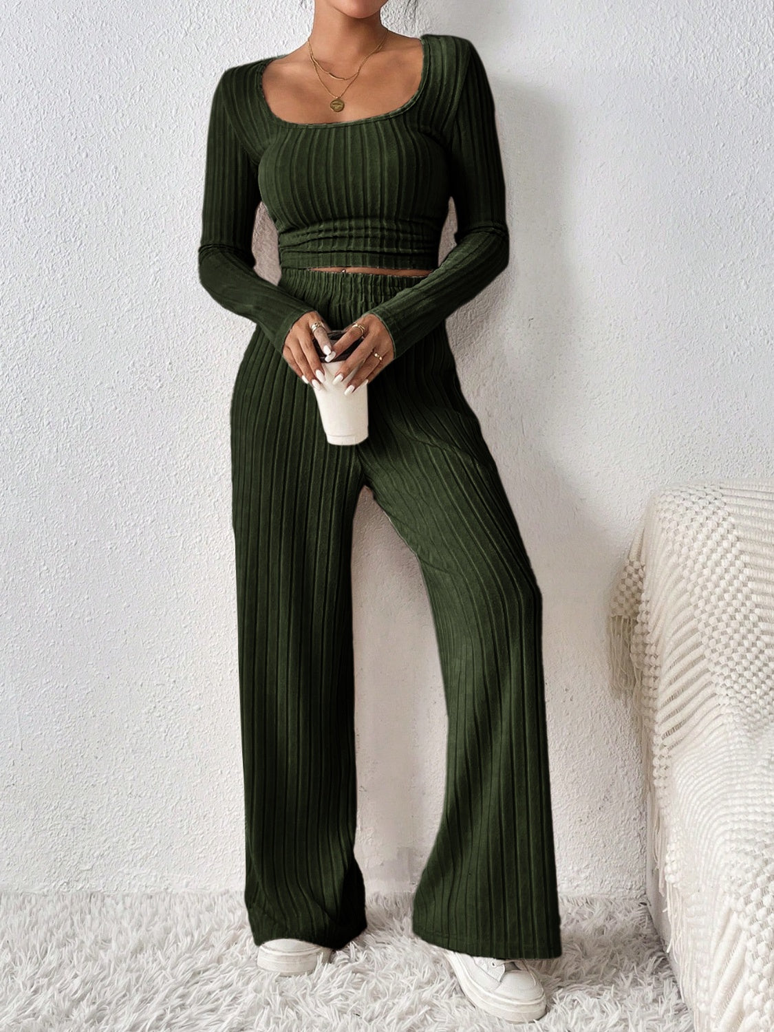 Honey Scoop Neck Long Sleeve Top and Pants Set Trendsi