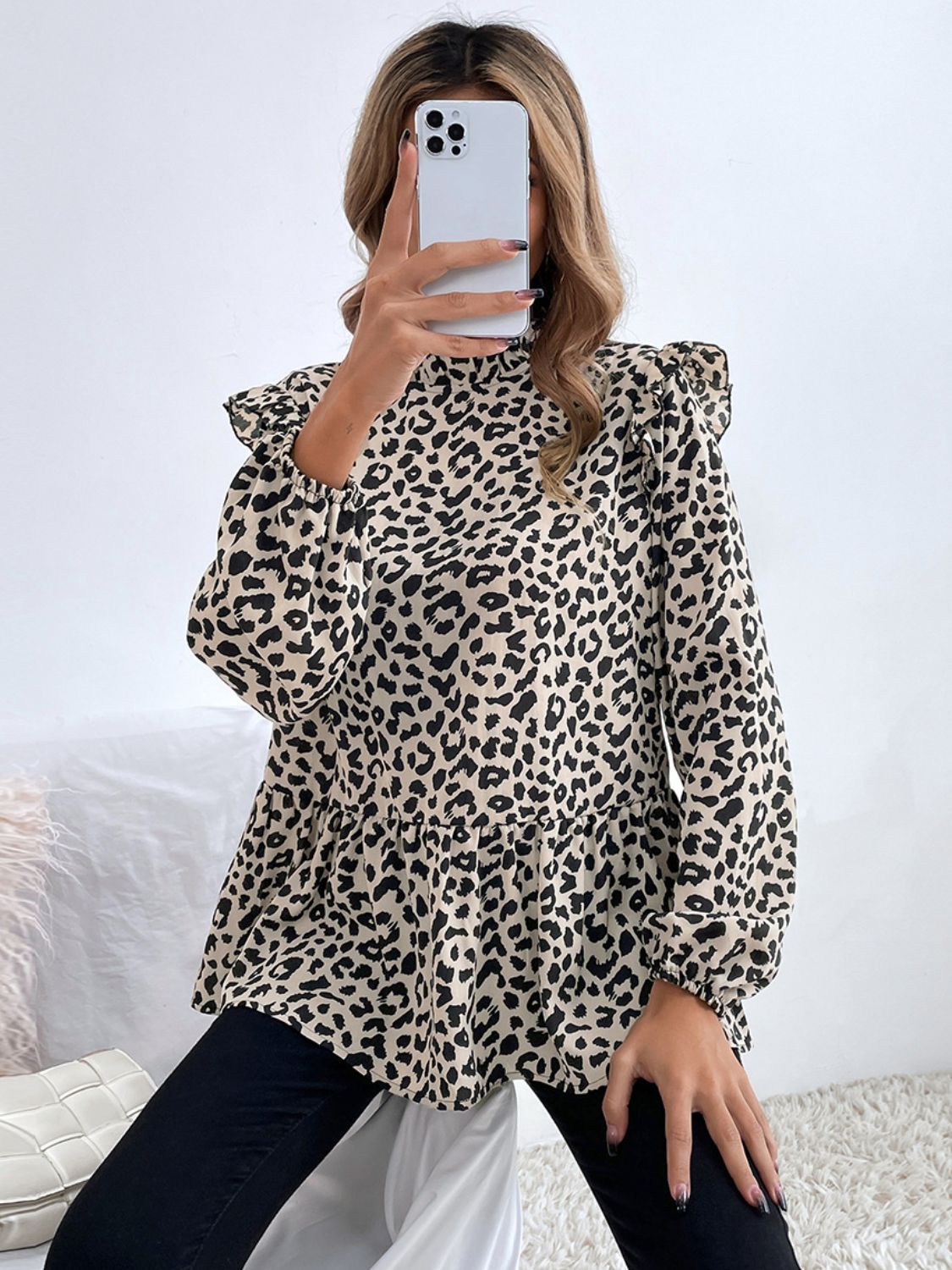 Ruffled Leopard Mock Neck Long Sleeve Blouse Trendsi