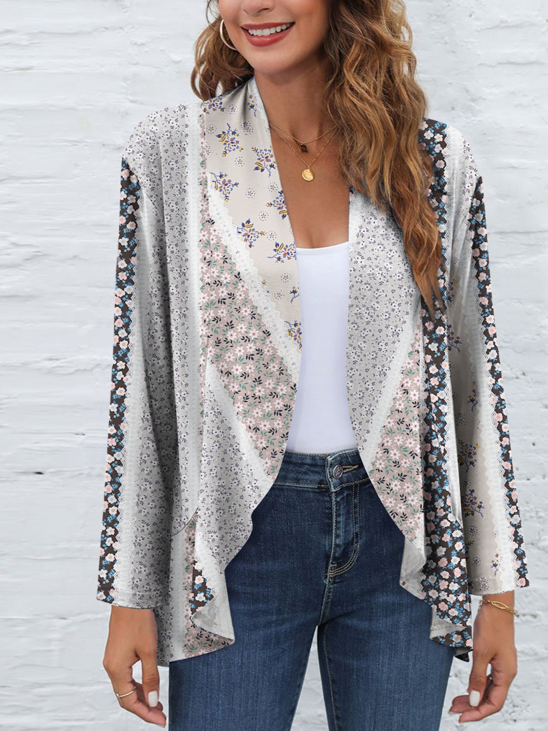 FAM-FAM Printed Open Front Long Sleeve Cardigan Trendsi