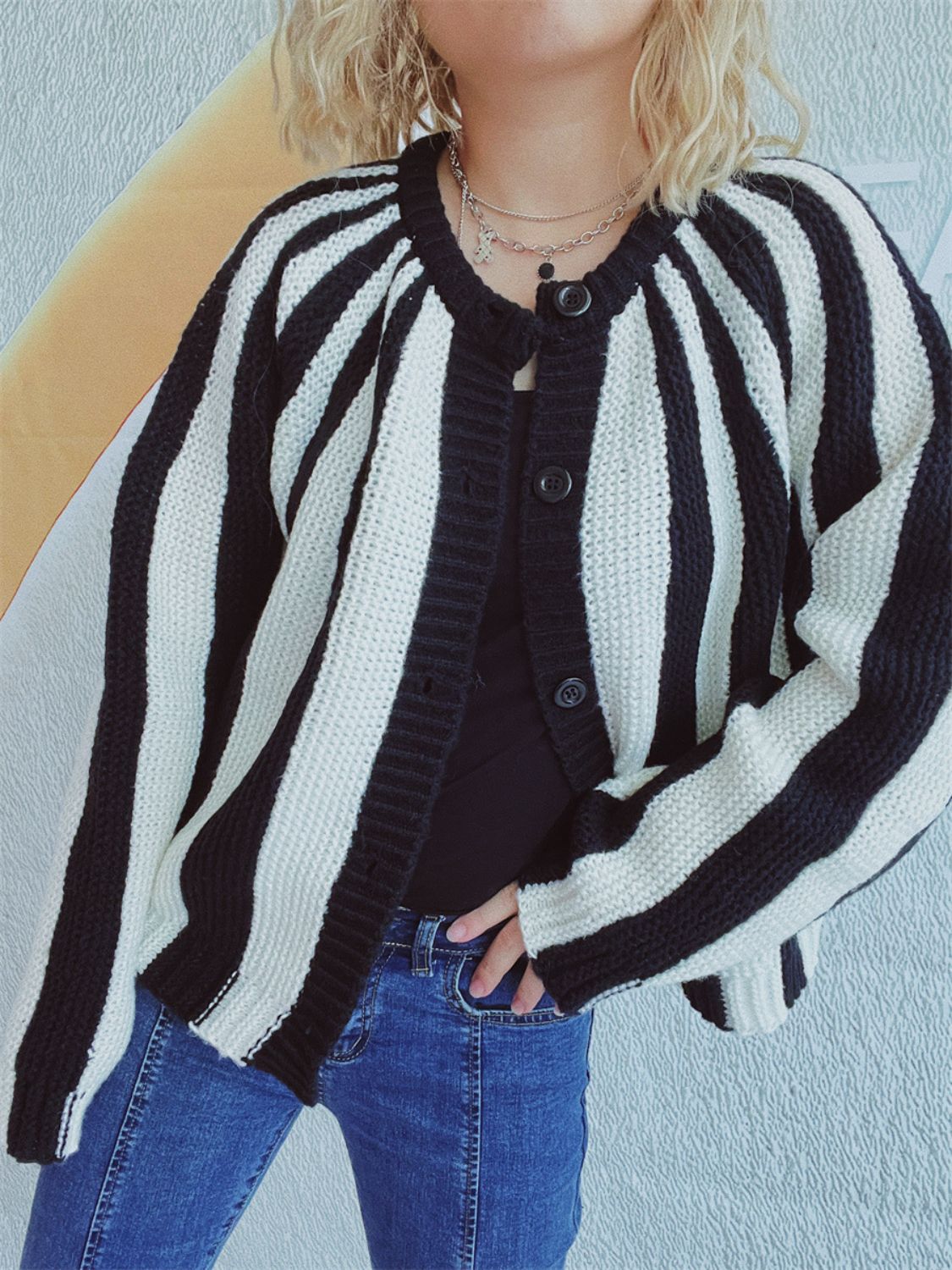 Contrast Stripes Button Down Long Sleeve Cardigan Trendsi