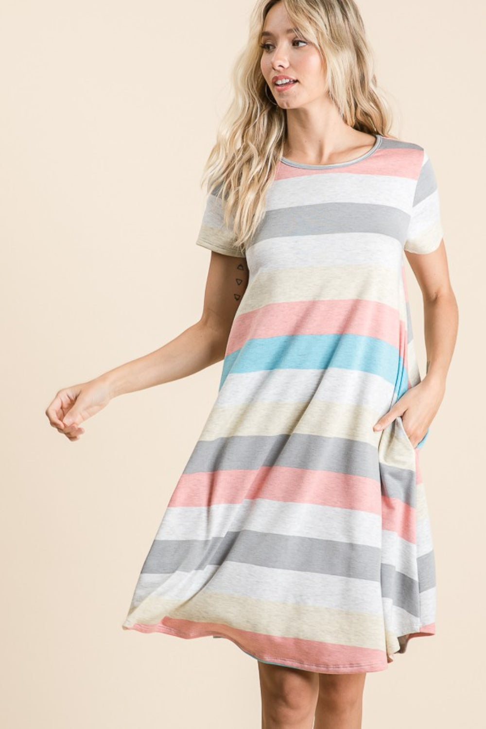 BOMBOM Striped Short Sleeve Dress with Pockets Trendsi