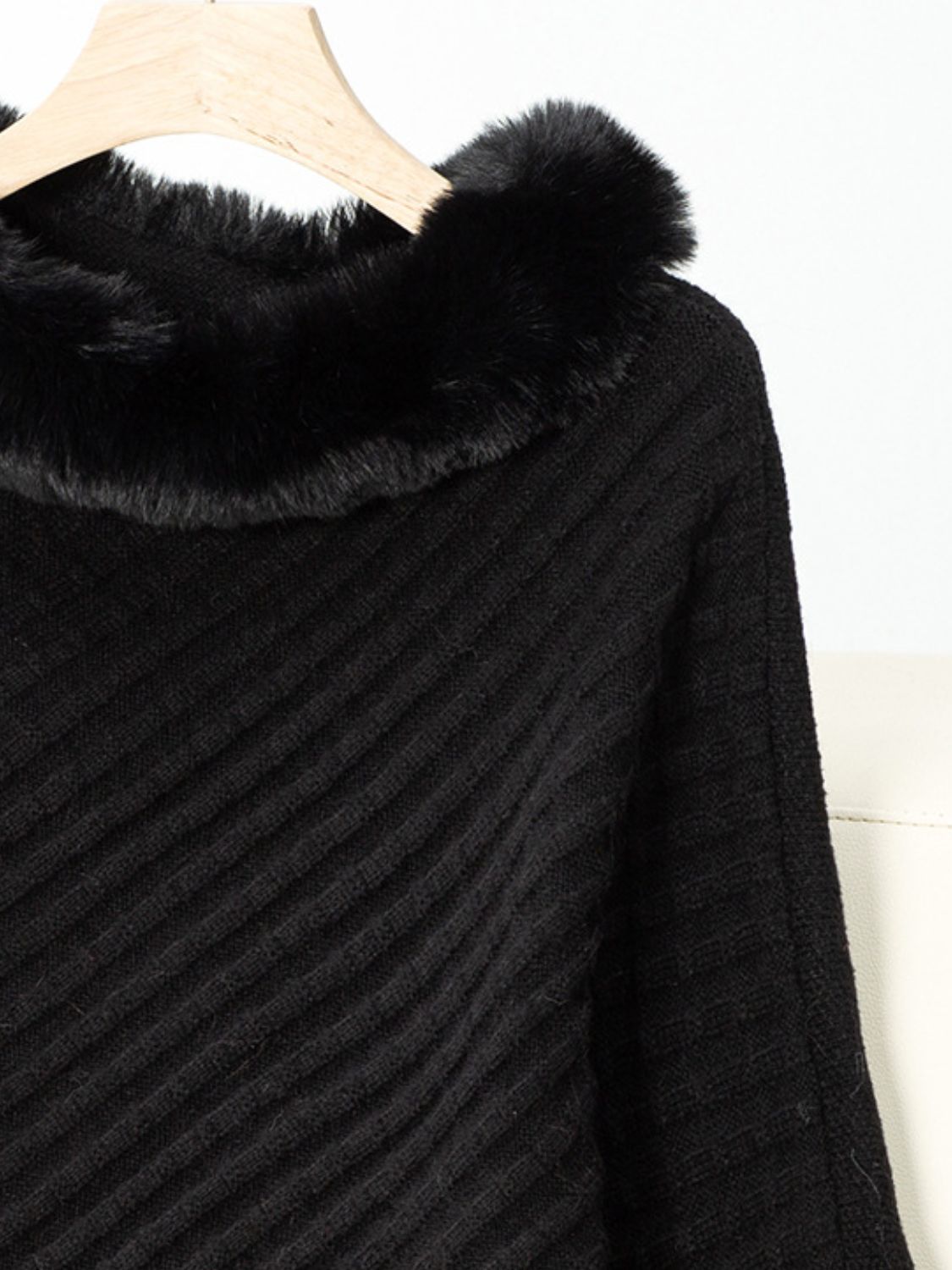 Fuzzy Trim Texture Three-Quarter Sleeve Poncho Trendsi