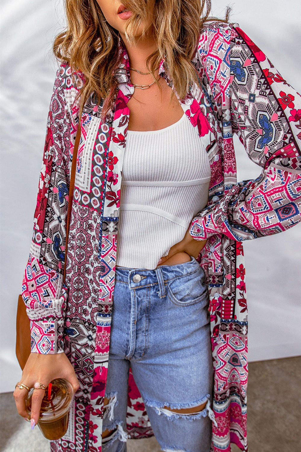 Printed Button Up Long Sleeve Cardigan Trendsi