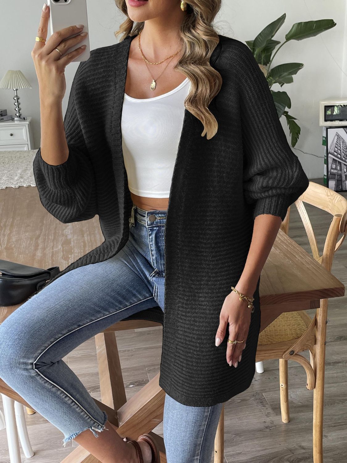 Open Front Long Sleeve Cardigan Trendsi