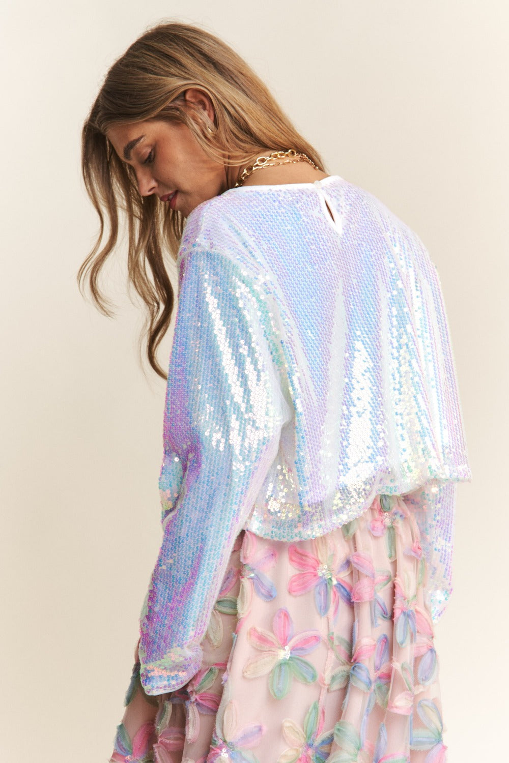 J.NNA Sequin Long Sleeve Crop T-Shirt Trendsi