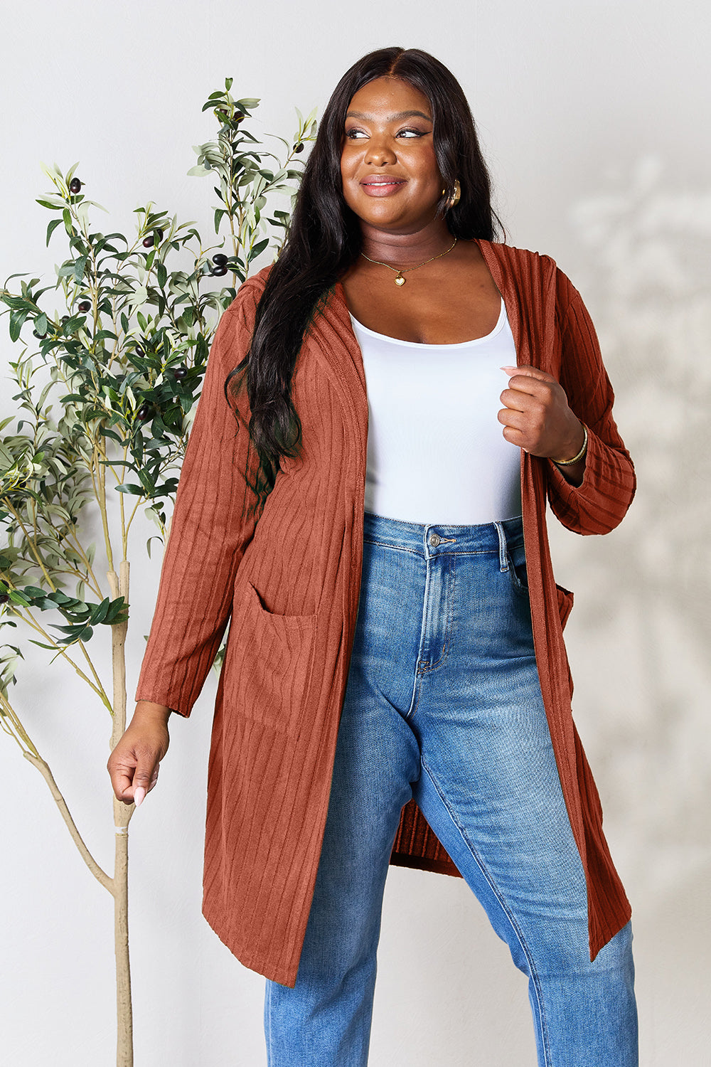 Basic Bae Full Size Hooded Sweater Cardigan Trendsi