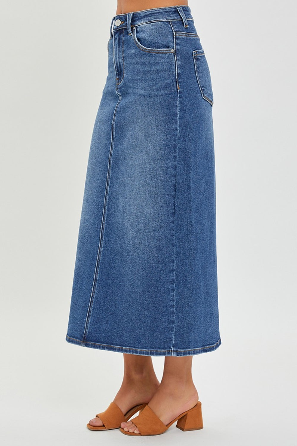 RISEN High Rise Back Slit Denim Skirt Trendsi