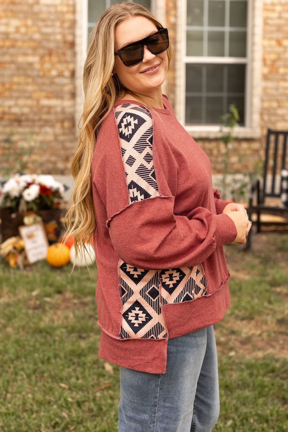 Plus Size Geometric Round Neck Long Sleeve Sweatshirt Trendsi