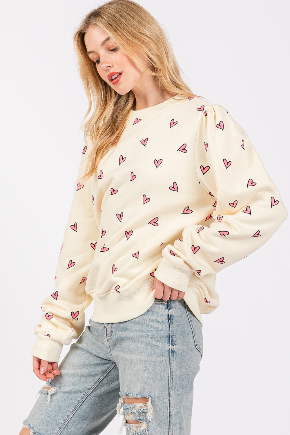 SAGE + FIG Heart Printed Contrast Long Sleeve Sweatshirt Trendsi