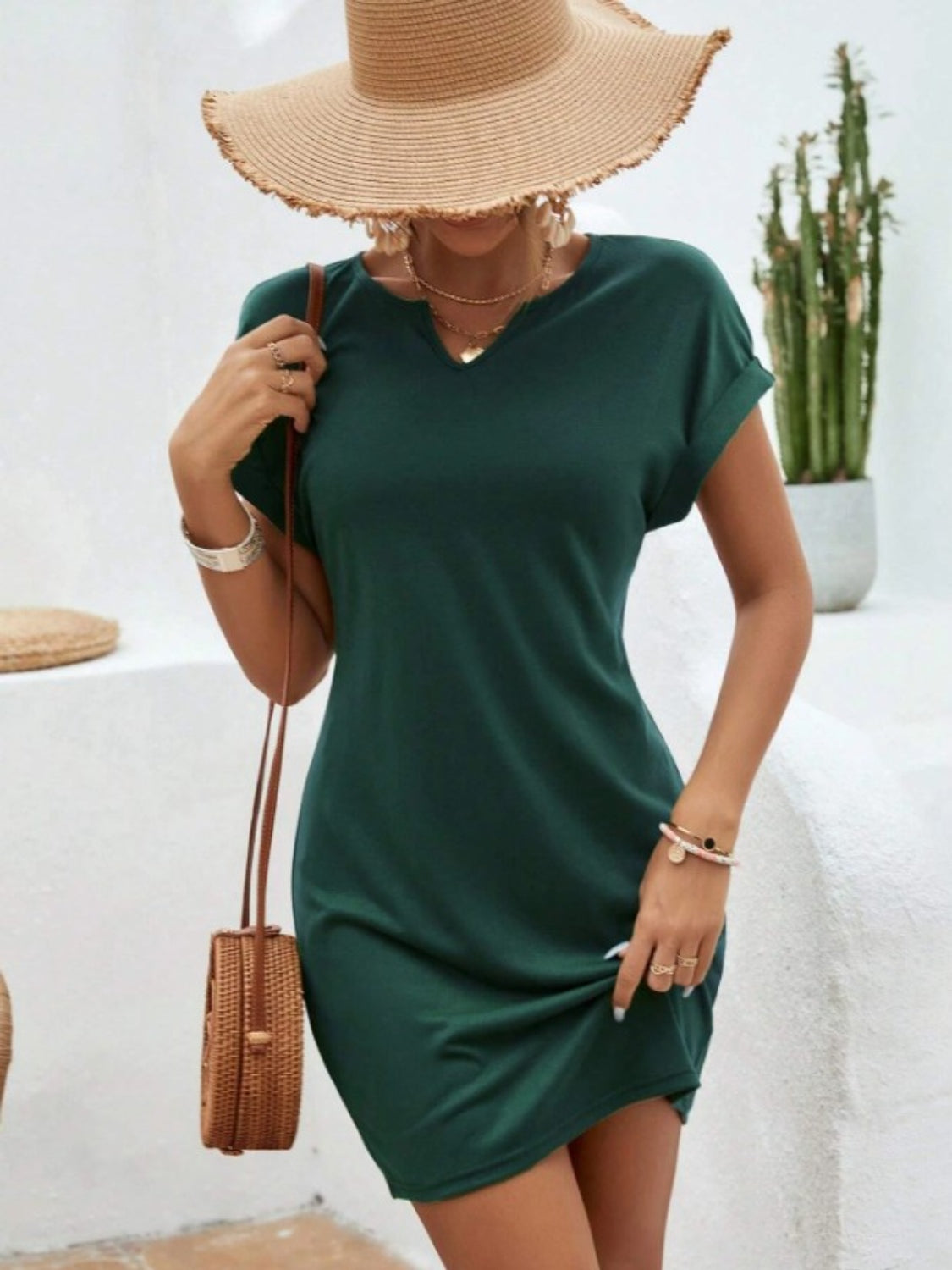 Notched Short Sleeve Mini Tee Dress - Boutique Clothing Trendsi