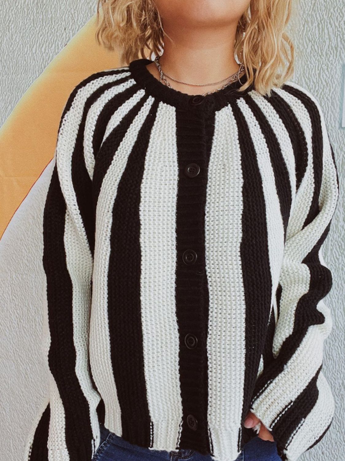 Contrast Stripes Button Down Long Sleeve Cardigan Trendsi