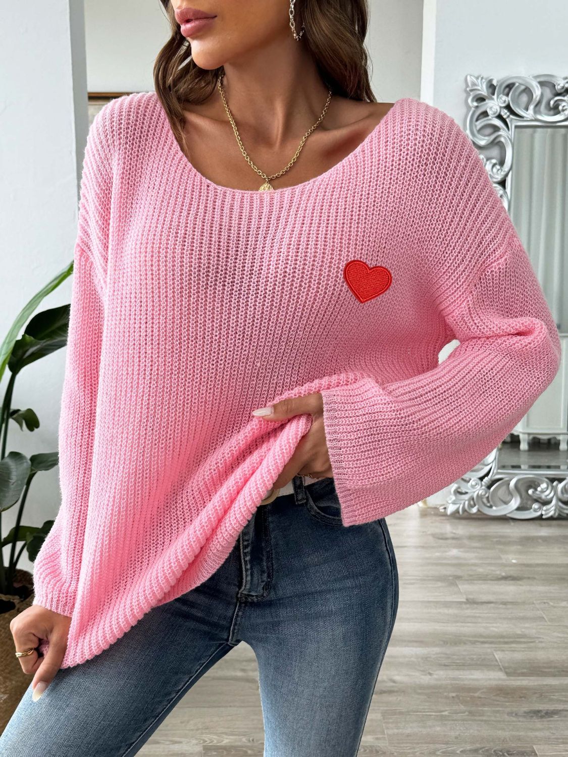 Heart Boat Neck Dropped Shoulder Sweater Trendsi