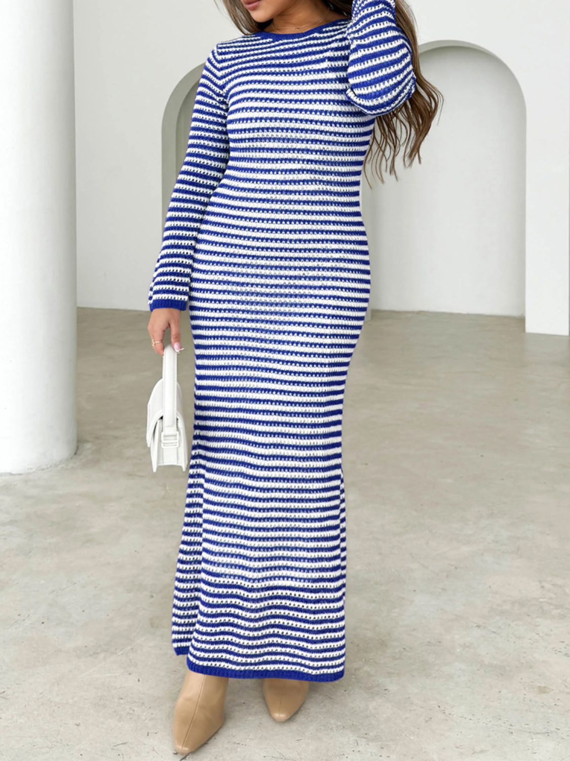 Devine Tied Round Neck Striped Sweater Dress Trendsi