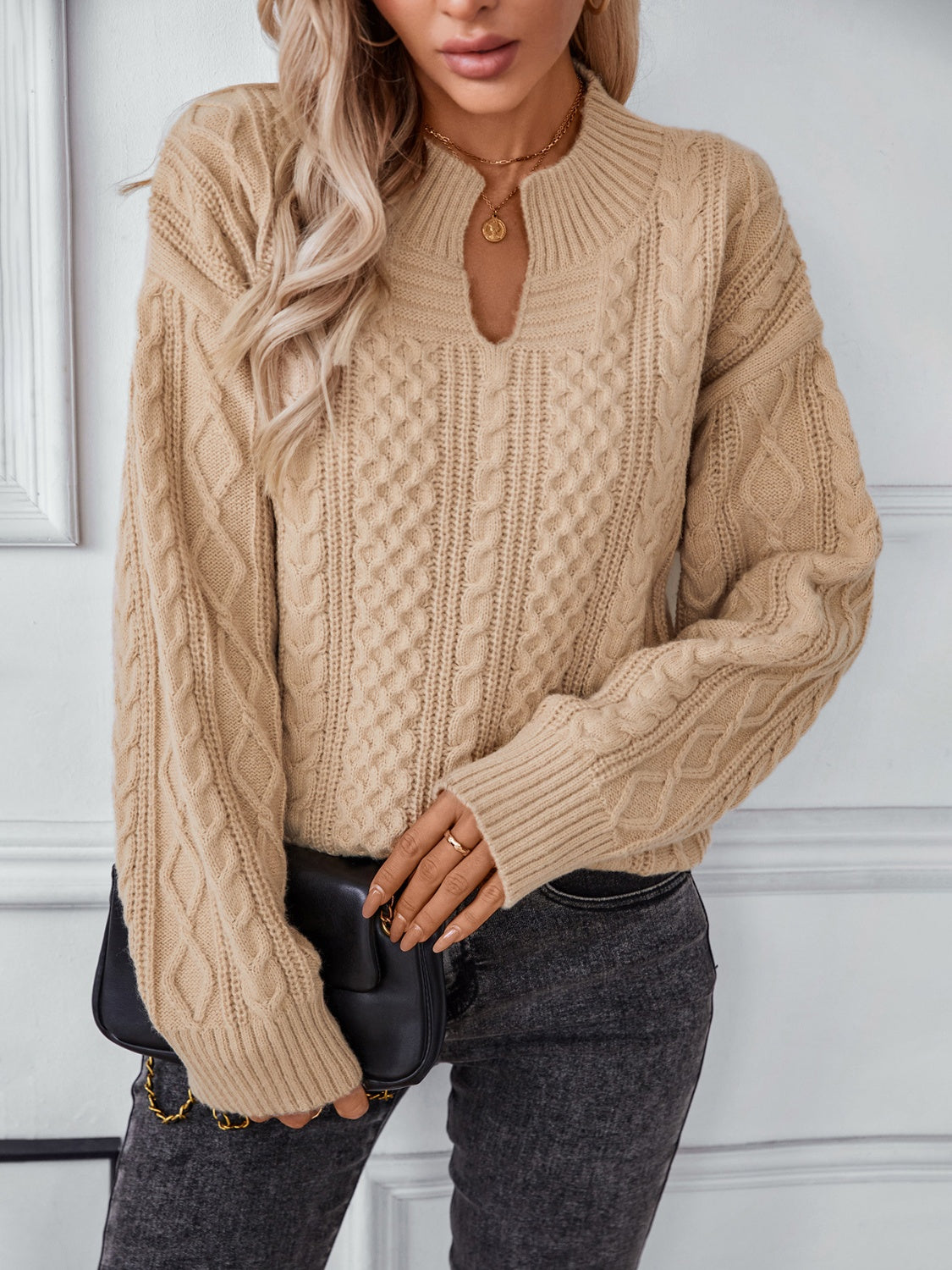 Cable-Knit Notched Long Sleeve Sweater Trendsi