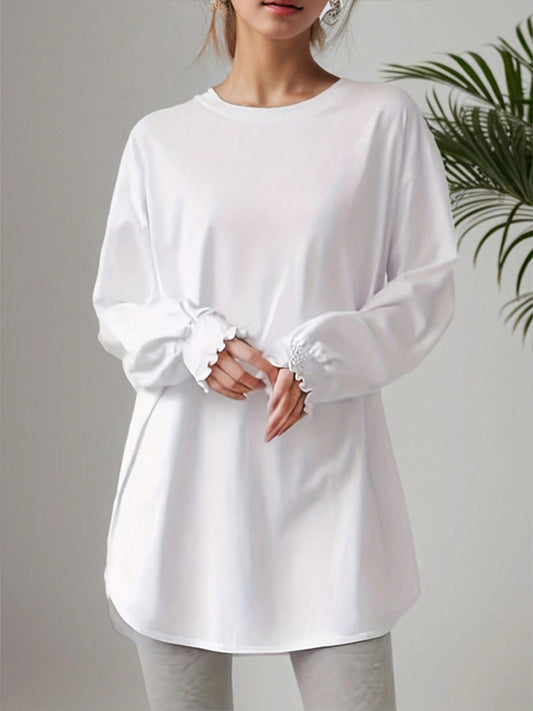 Smocked Cuff Round Neck Long Sleeve T-Shirt Trendsi