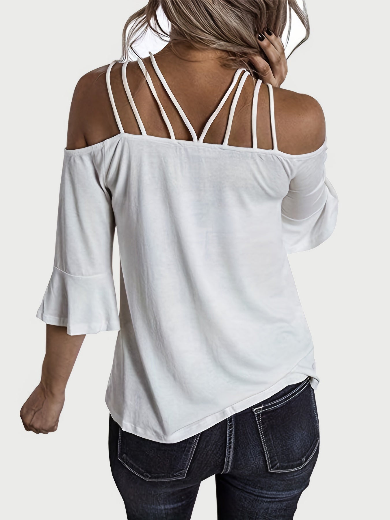 Full Size Cold Shoulder Three-Quarter Sleeve Blouse - Boutique Clothing Trendsi