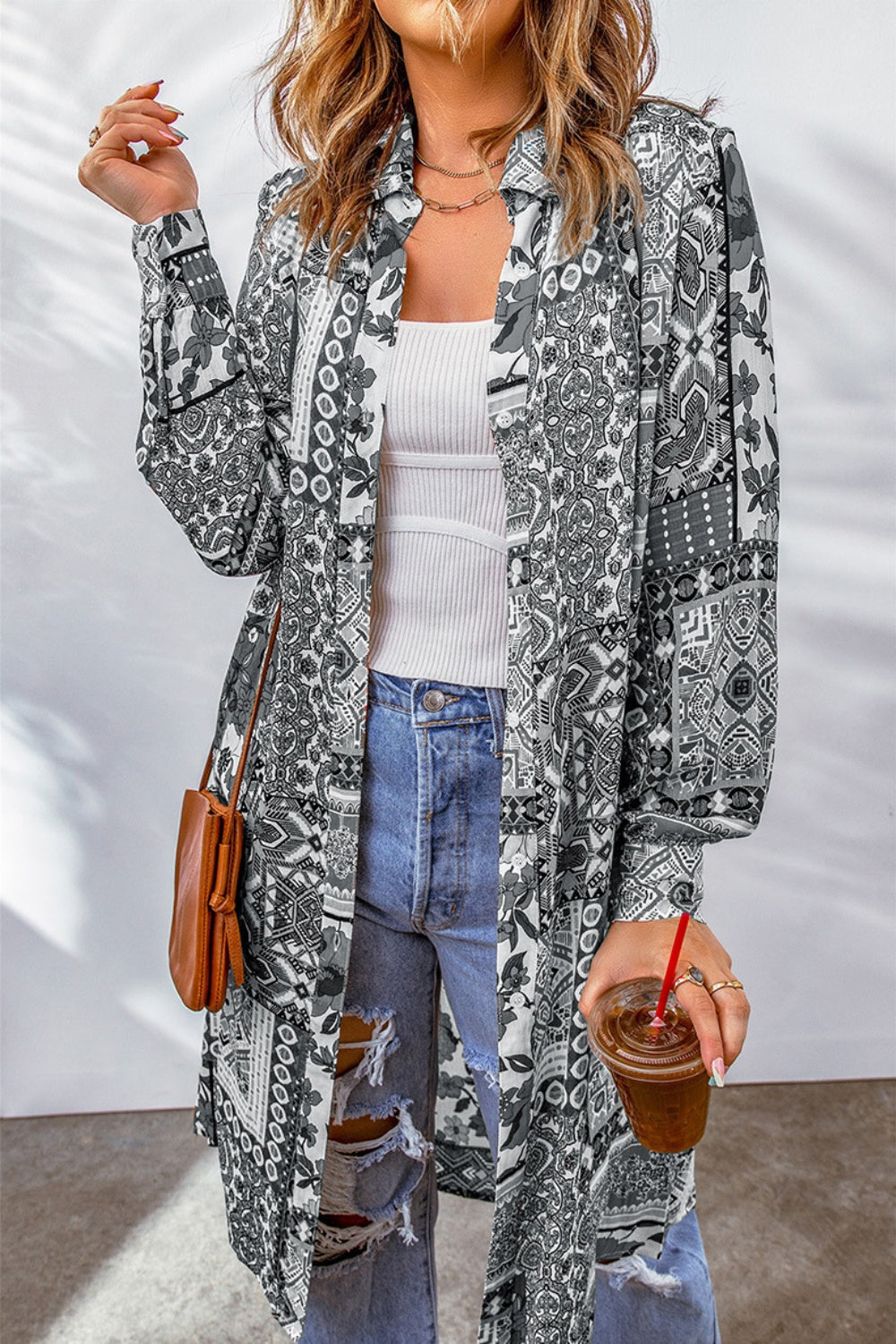 Printed Button Up Long Sleeve Cardigan Trendsi