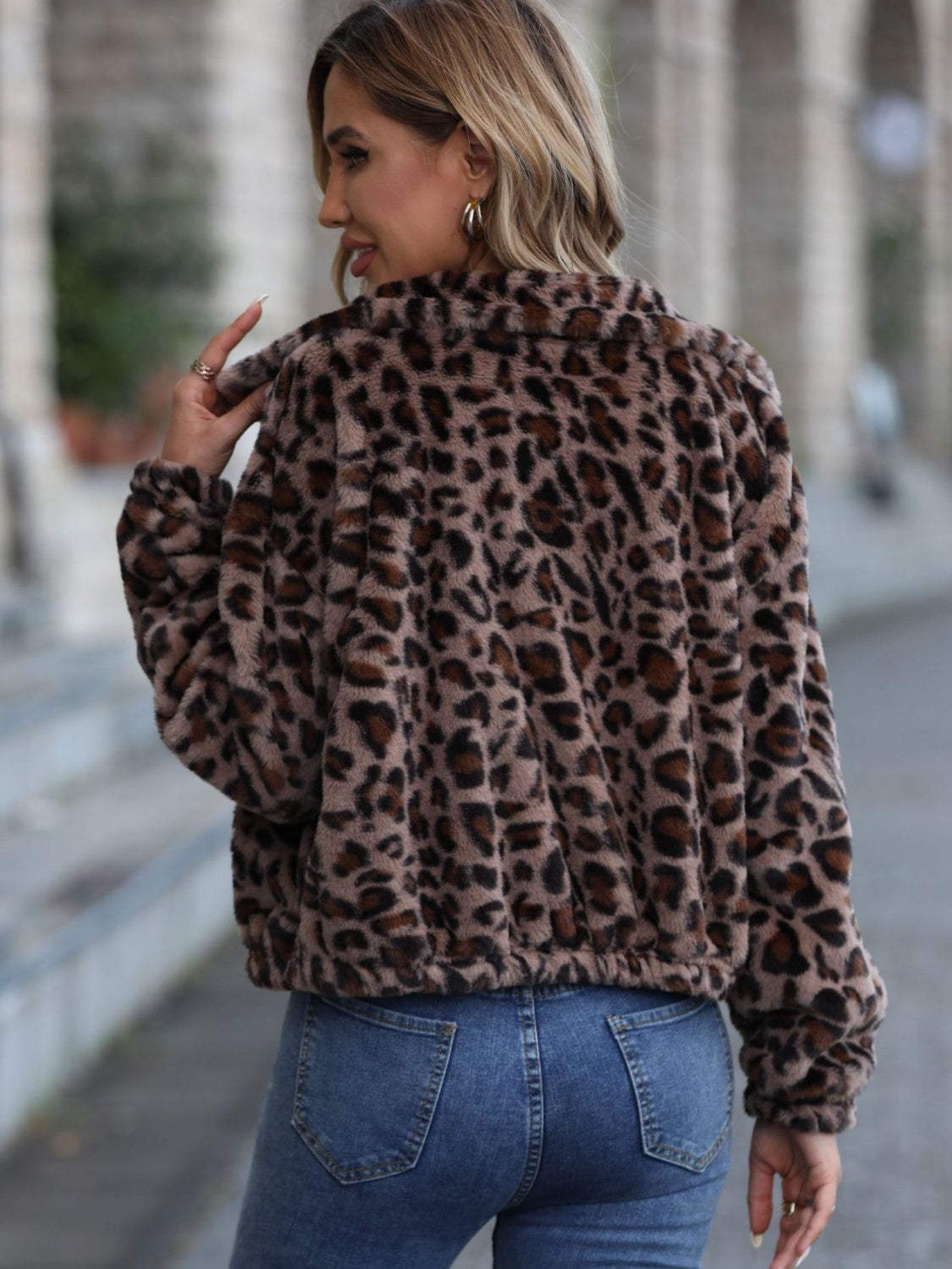 Leopard Collared Neck Zip Up Jacket Trendsi