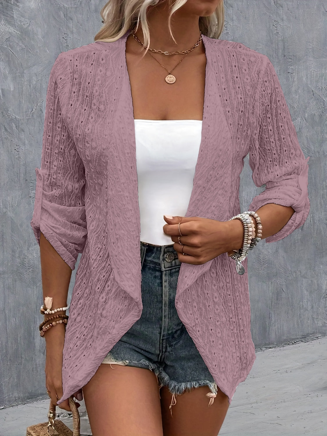 Eyelet Roll-Tab Sleeve Cardigan Trendsi