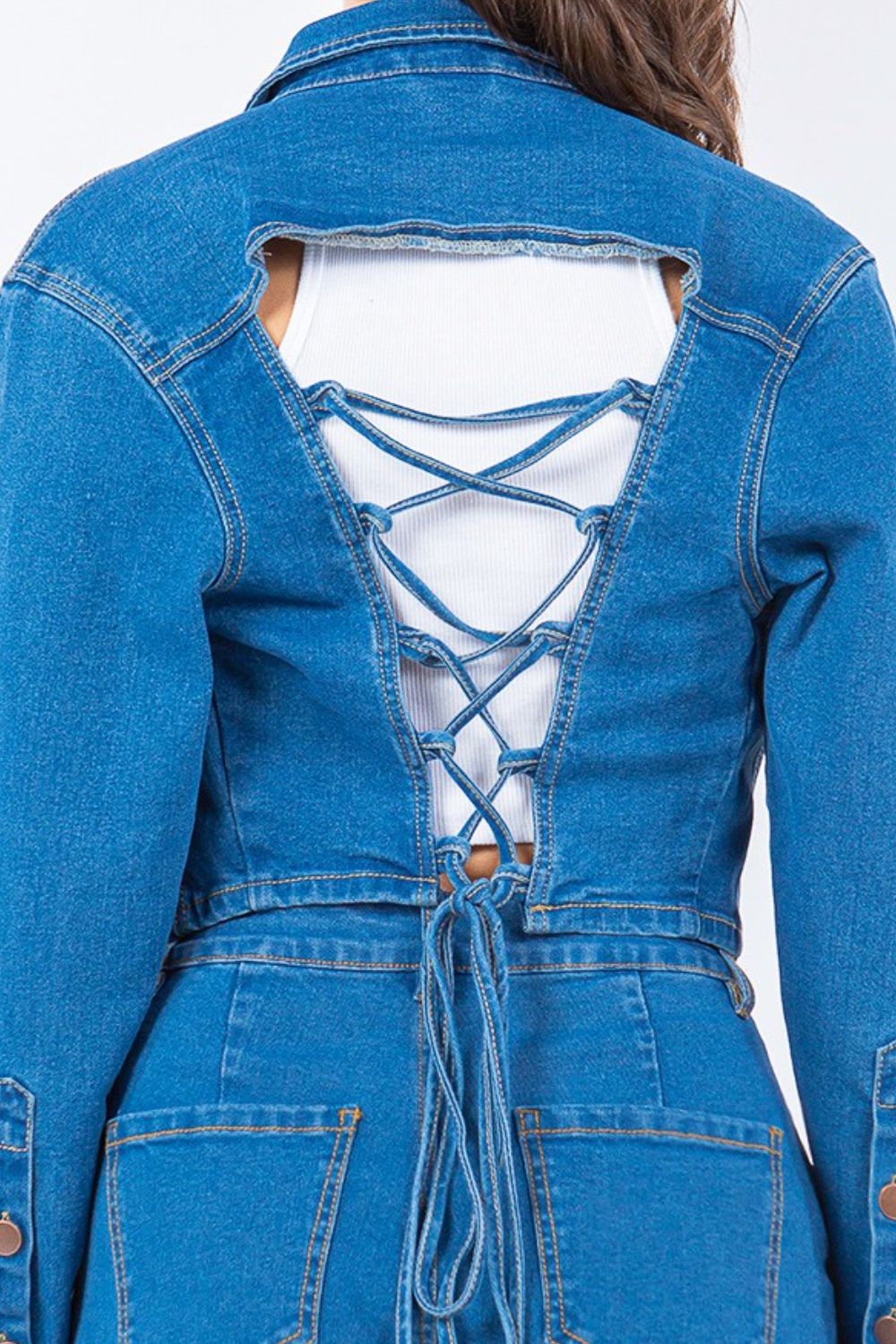 American Bazi Laced Back Cropped Denim Jacket Trendsi