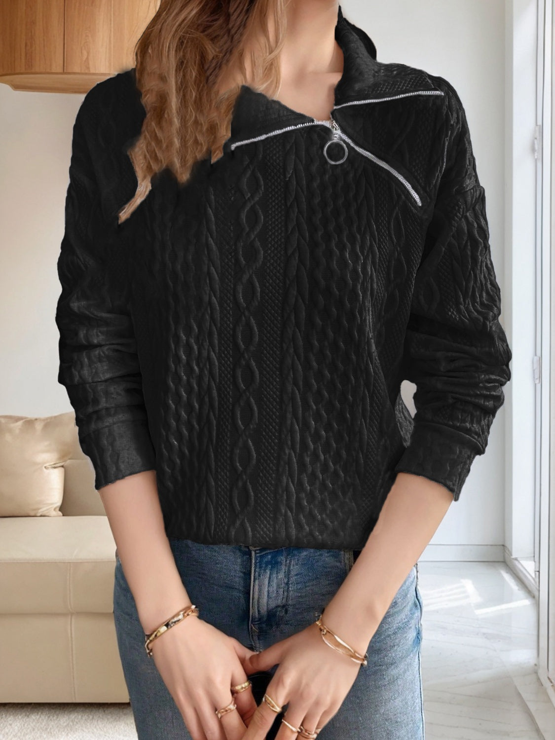 Oblique Zipper Collared Neck Long Sleeve Sweatshirt Trendsi