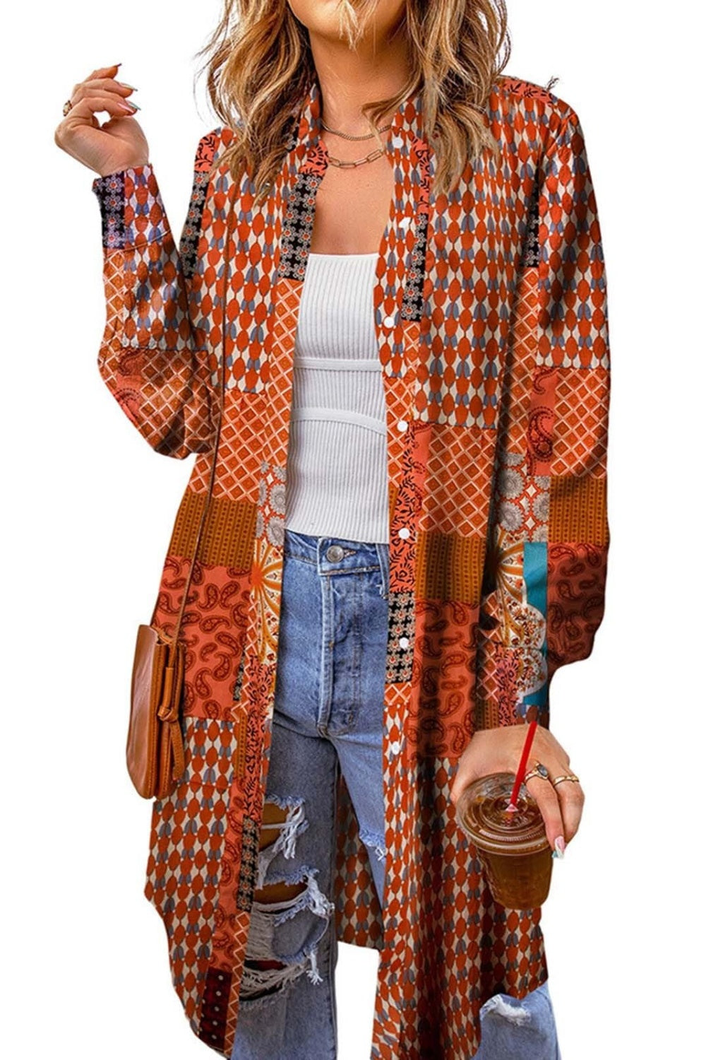 Printed Button Up Long Sleeve Cardigan Trendsi