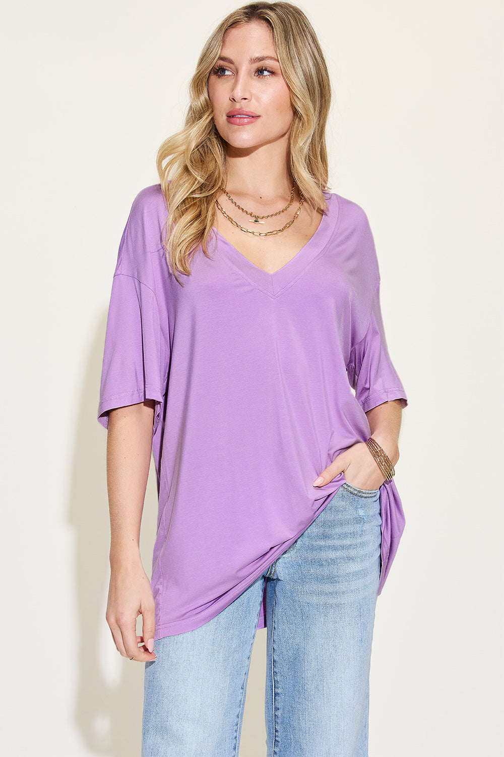 Basic Bae Full Size Bamboo V-Neck Drop Shoulder T-Shirt Trendsi