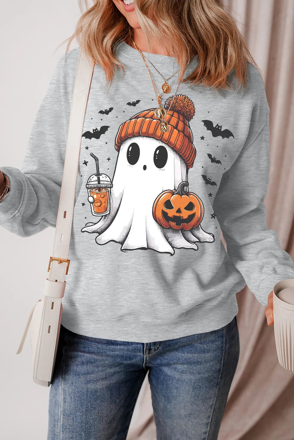 Ghost Round Neck Long Sleeve Sweatshirt Trendsi