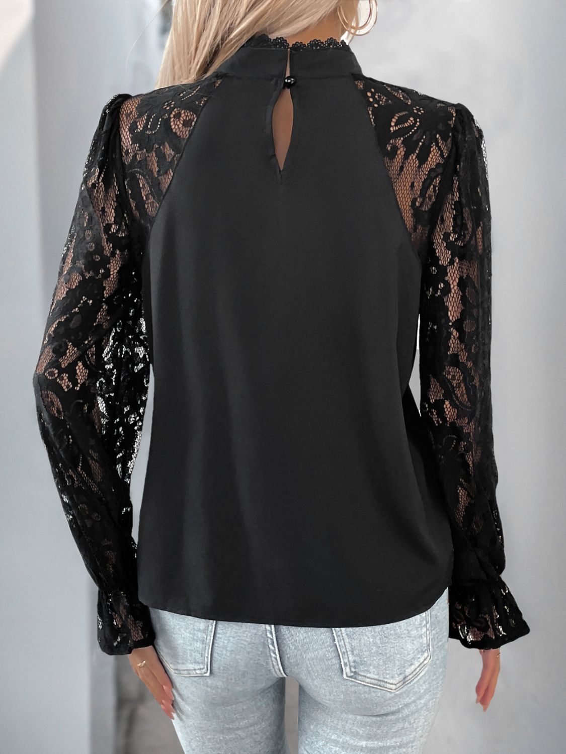 Perfee Mock Neck Lace Long Sleeve Blouse Trendsi