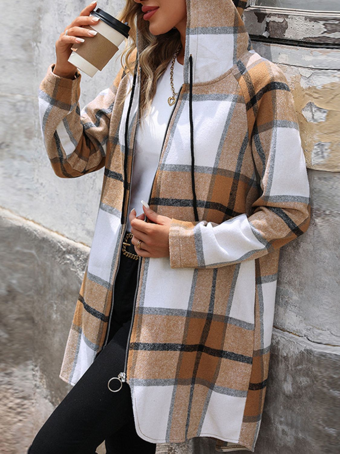 Drawstring Plaid Zip Up Long Sleeve Hooded Outerwear Trendsi