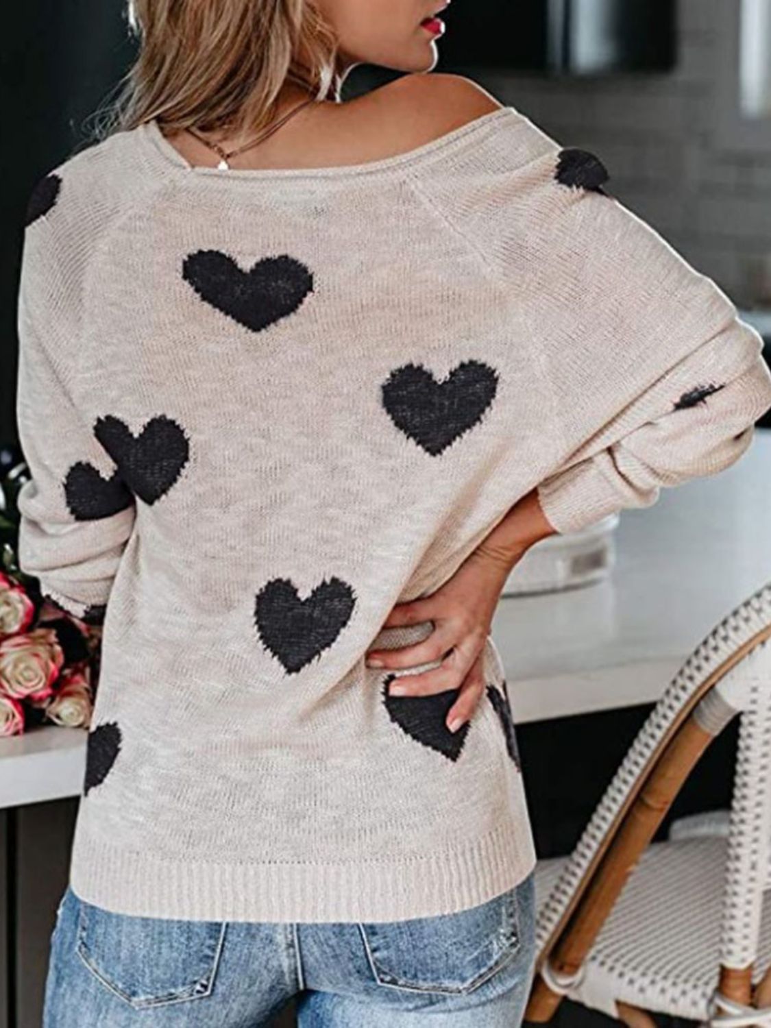 Heart Scoop Neck Long Sleeve Sweater Trendsi