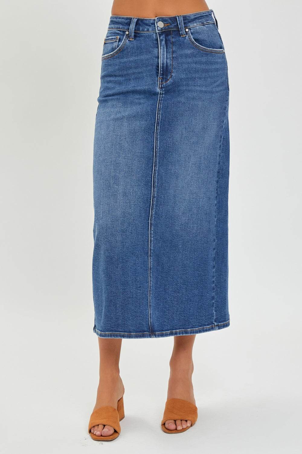 RISEN High Rise Back Slit Denim Skirt Trendsi