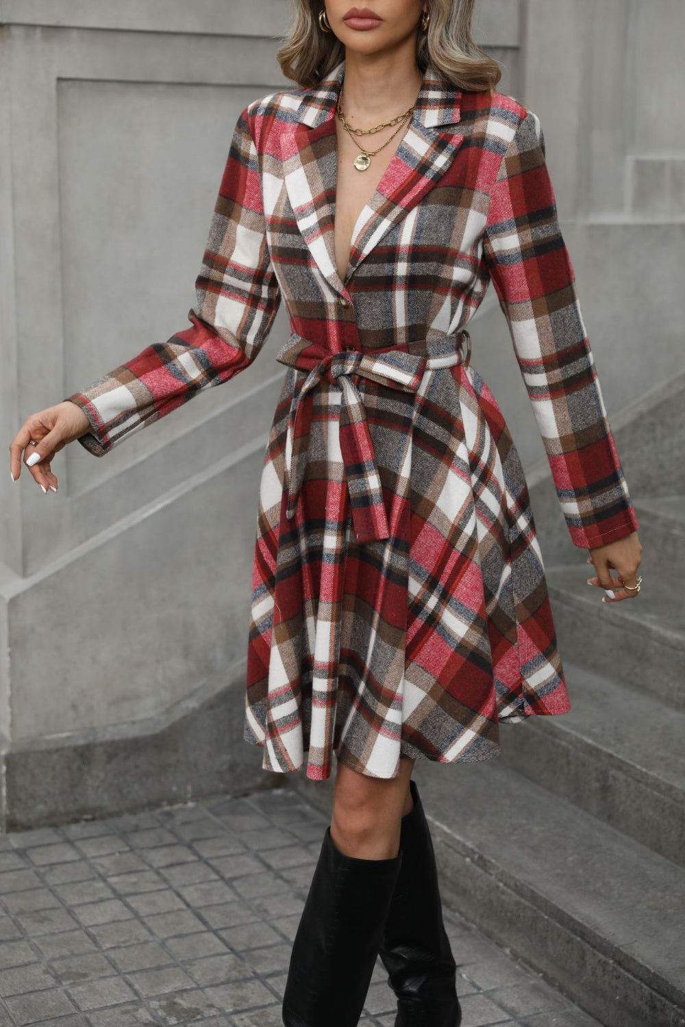 Plaid Tie Waist Long Sleeve Outerwear Trendsi