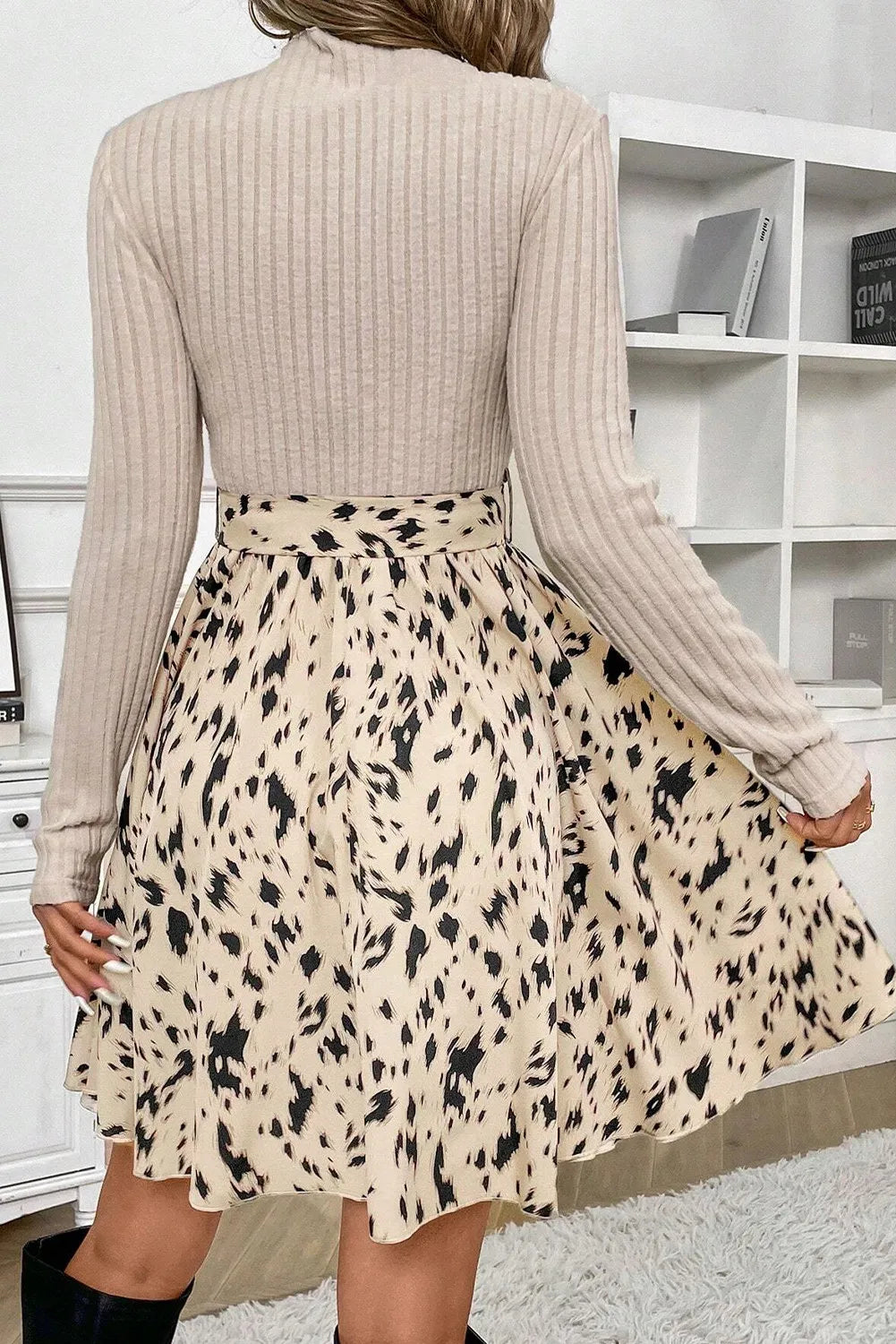 Tied Printed Mock Neck Long Sleeve Dress Trendsi