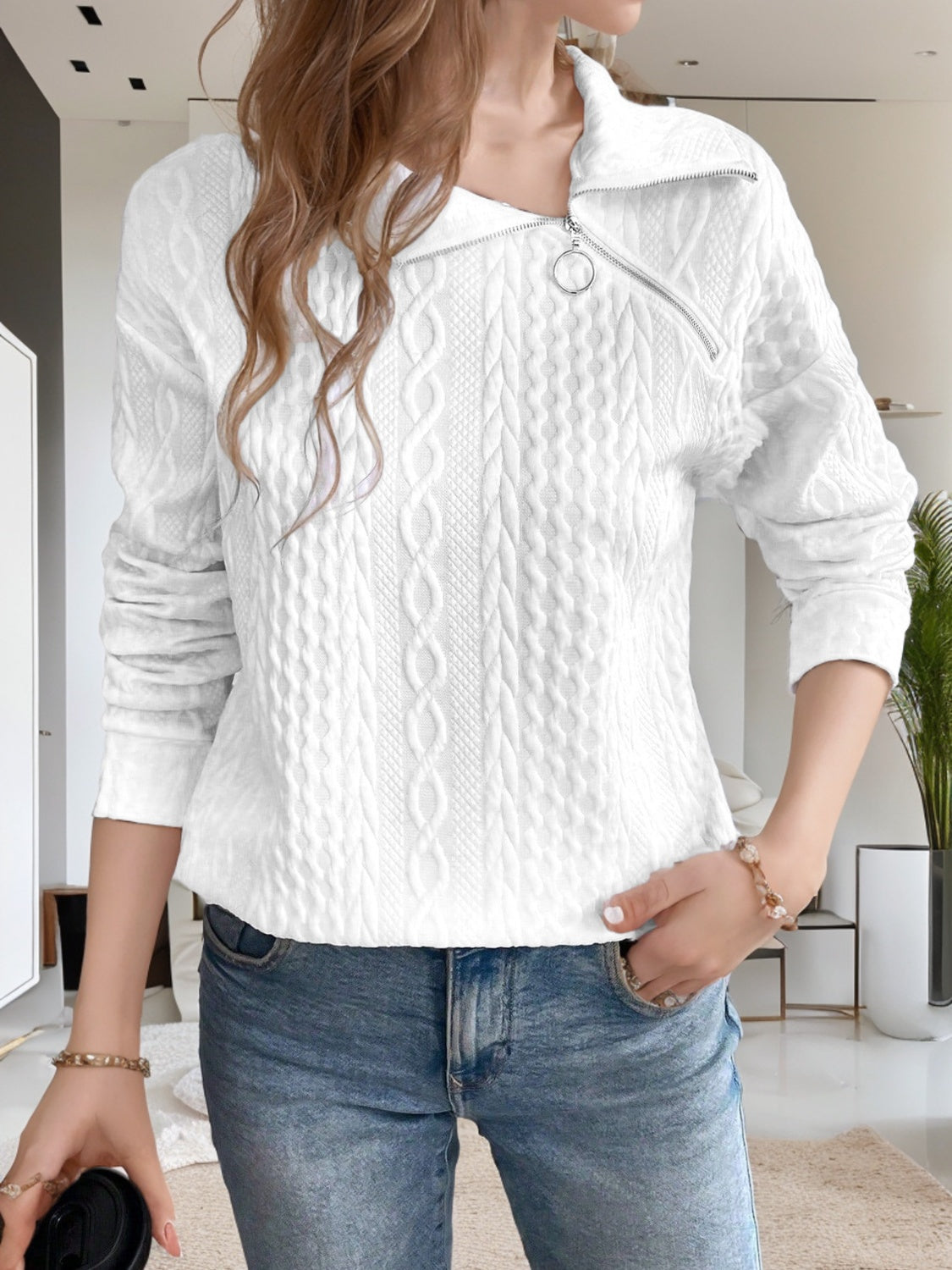 Oblique Zipper Collared Neck Long Sleeve Sweatshirt Trendsi