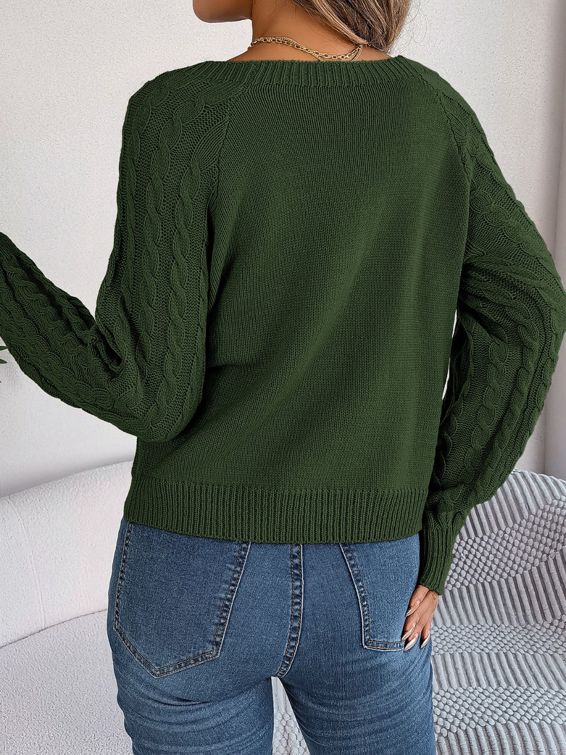 Cable-Knit Round Neck Long Sleeve Sweater Trendsi