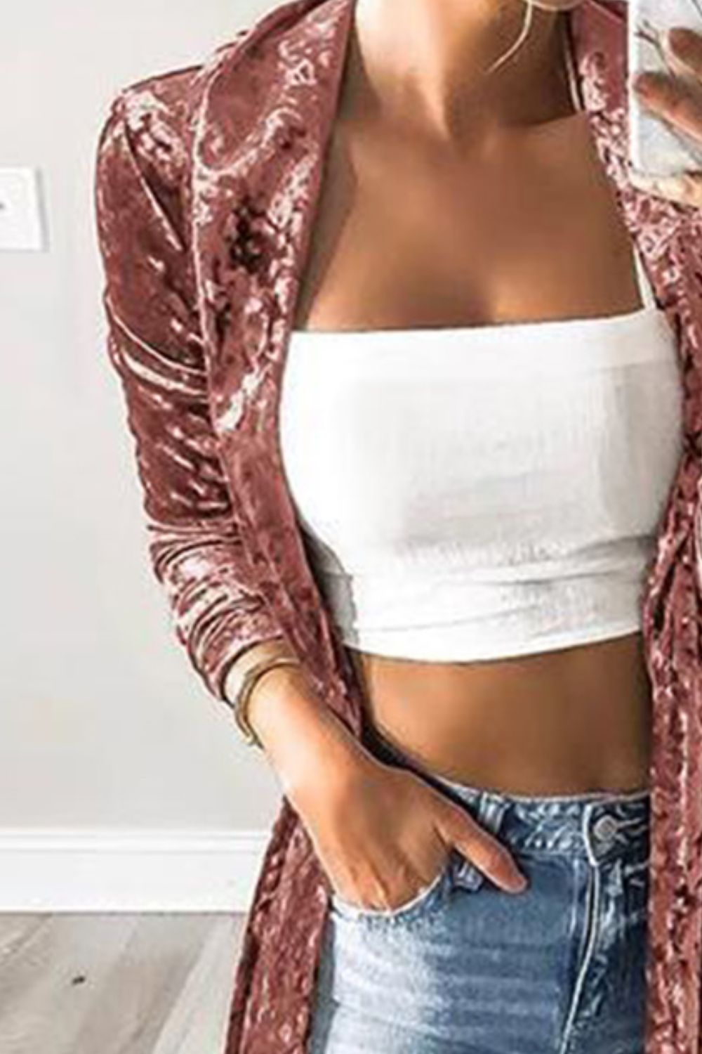 Open Front Long Sleeve Longline Velvet Cardigan Trendsi