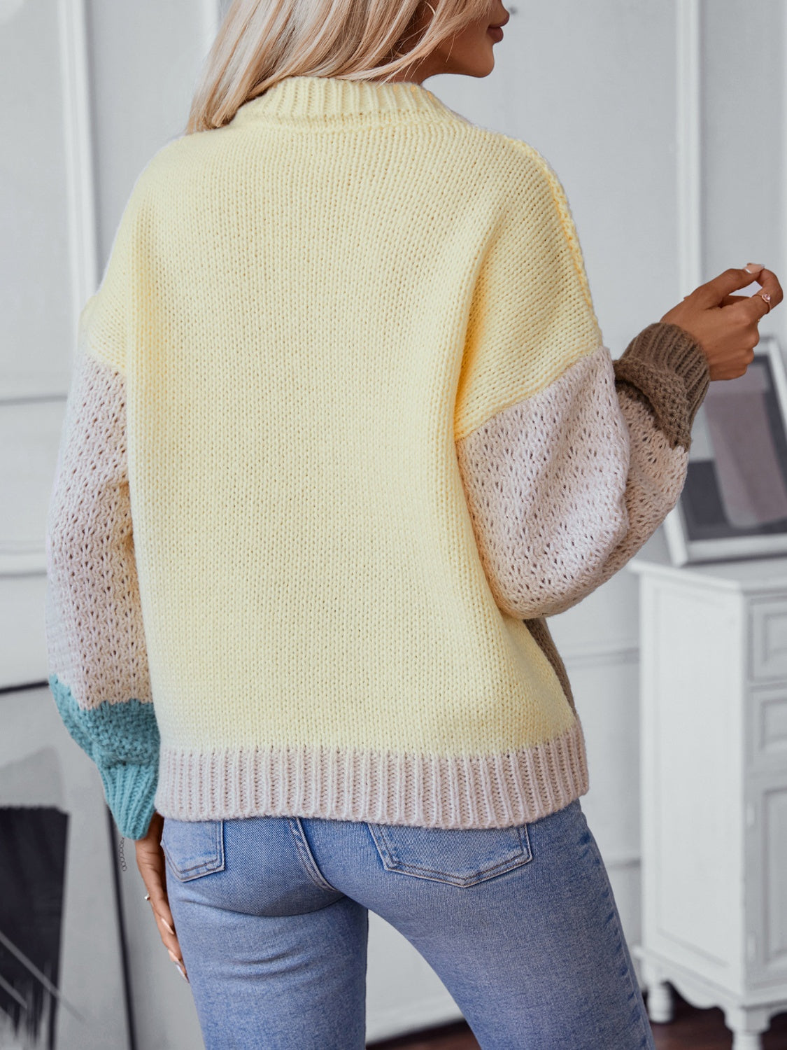 Color Block Round Neck Dropped Shoulder Sweater Trendsi