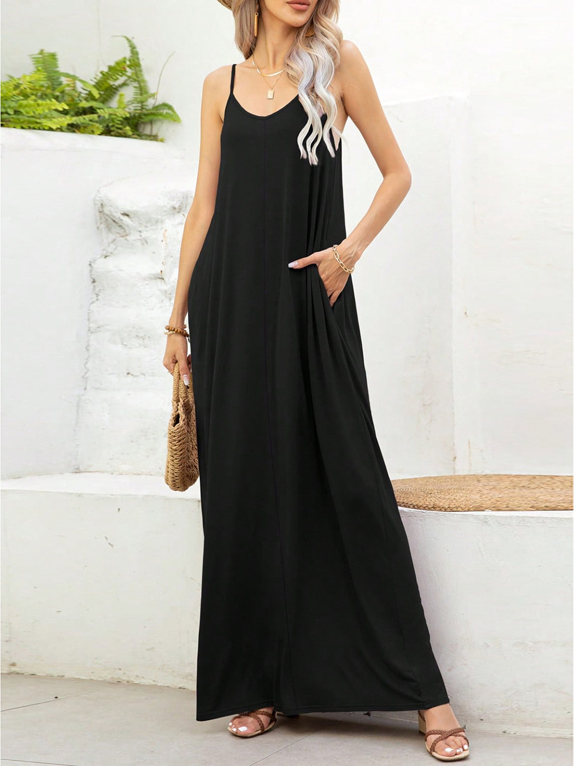 V-Neck Maxi Cami Dress with Pockets Trendsi