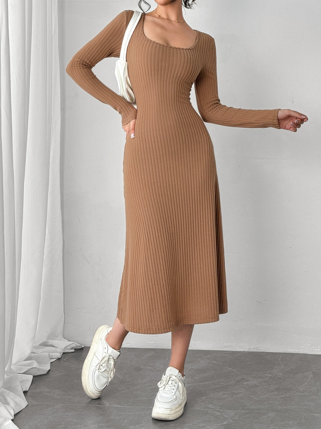 Square Neck Long Sleeve Midi Wrap Dress Trendsi