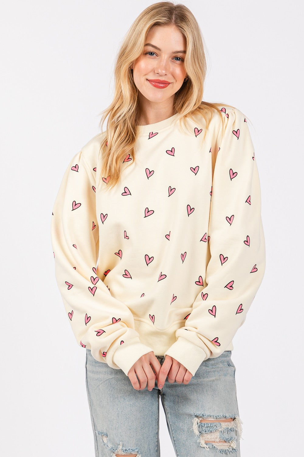 SAGE + FIG Heart Printed Contrast Long Sleeve Sweatshirt Trendsi