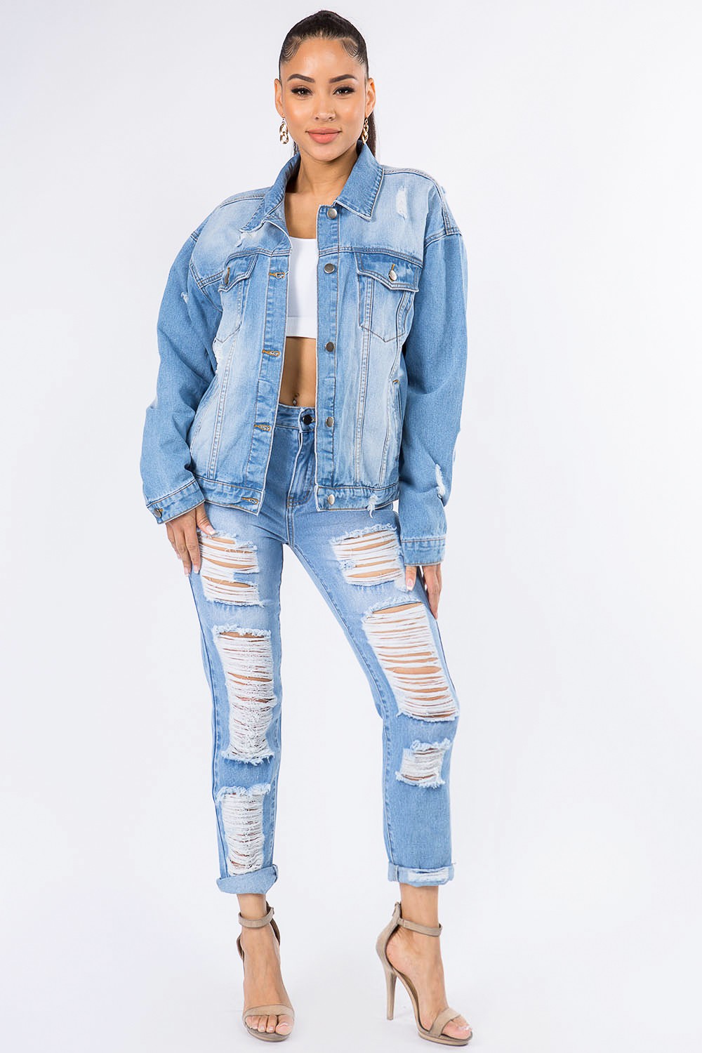 American Bazi Graphic Distressed Long Sleeve Denim Jacket Trendsi